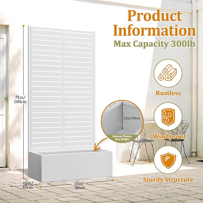 Metal Planter Box with Trellis, Heavy-Duty Raised Garden Bed for Climbing Plants, Drainage Hole, Outdoor Planter Box with Privacy Screen,35''L×16''W×71''H