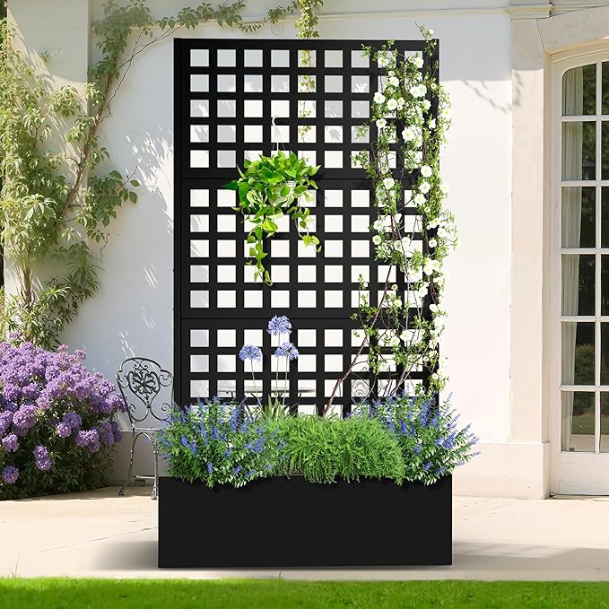 Metal Planter Box with Trellis, Heavy-Duty Raised Garden Bed for Climbing Plants, Drainage Hole, Outdoor Planter Box with Privacy Screen,35''L×16''W×71''H