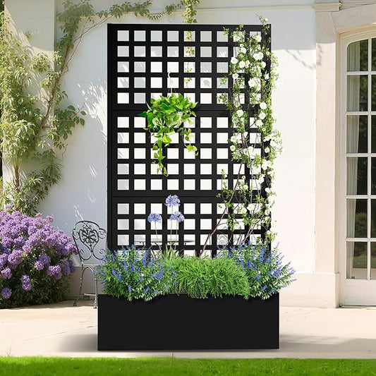 Metal Planter Box with Trellis, Heavy-Duty Raised Garden Bed for Climbing Plants, Drainage Hole, Outdoor Planter Box with Privacy Screen,35''L×16''W×71''H