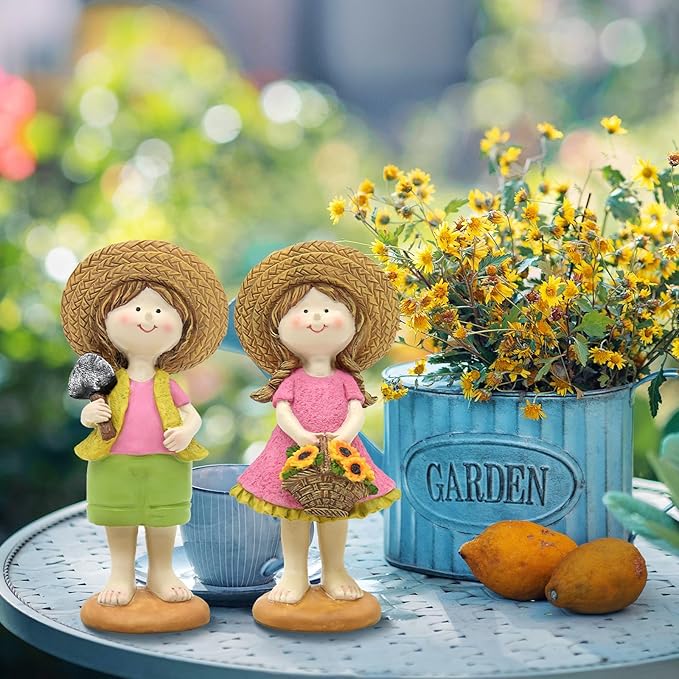 Spring Fairy Garden Figurines, Resin Summer Sunflower Garden Statue Set - H9inch Miniature Figurines Decor Indoor & Outdoor, Summer Decorations for Home, Yard, Patio Decor