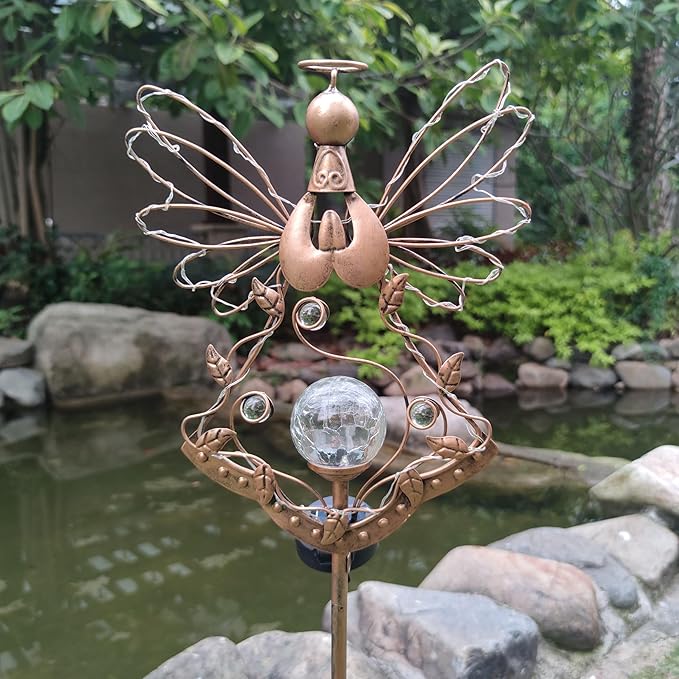 Solar Angel Outdoor Lights Garden Stake - Metal Angel Crackle Glass Ball Solar Light- Waterproof 31 White LED for Garden Lawn Patio or Courtyard Decor(Bronze)