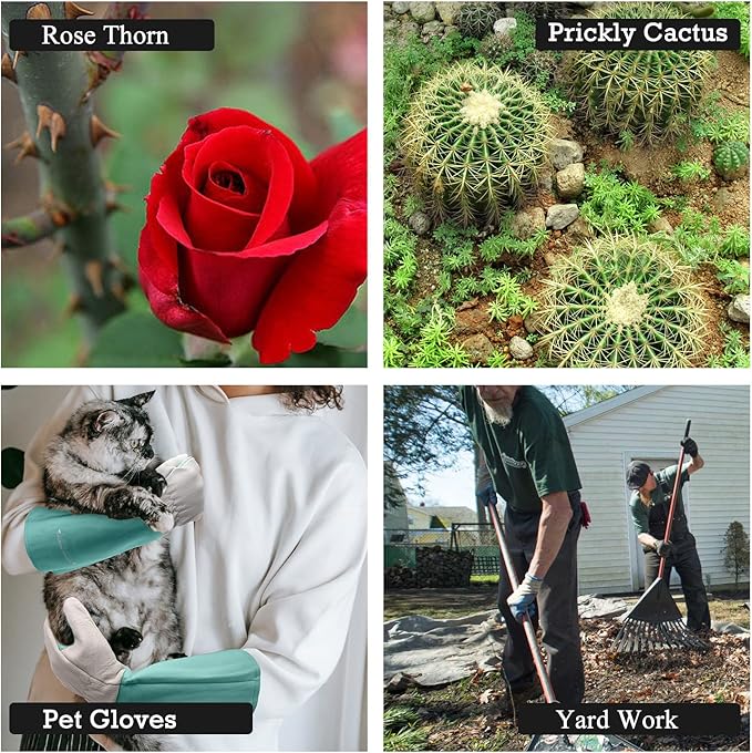 HANDLANDY Long Gardening Gloves for Men & Women, Thorn Proof Rose Pruning Gloves Leather Gauntlets Garden Gloves Yard Work Gloves (Medium, Green)