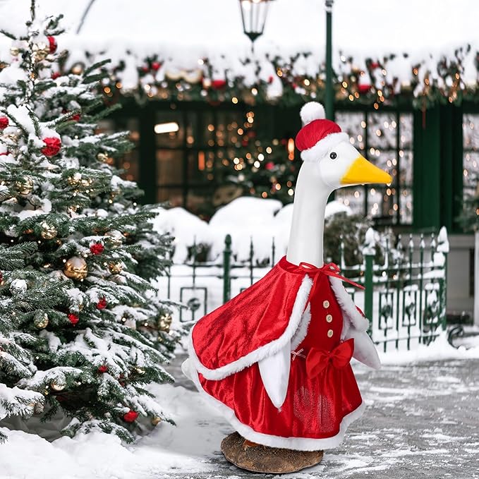 Christmas Mrs. Claus Goose Outfit Dresses Clothes for 23" High Cement or Plastic Goose Lawn Clothing Porch Garden Costume for Yard Outdoor Patio Statue Xmas Santa Holiday Decor