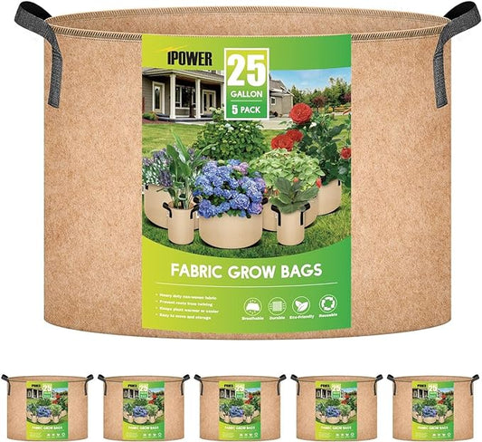iPower 5-Pack 25 Gallon Plant Grow Bags Thickened Nonwoven Aeration Fabric Pots Heavy Duty Durable Container, Strap Handles for Garden, Tan
