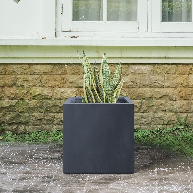 Kante 10 Inch Square Concrete Planter for Outdoor Indoor Home Patio Garden, Large Plant Pot with Drainage Hole and Rubber Plug, Charcoal