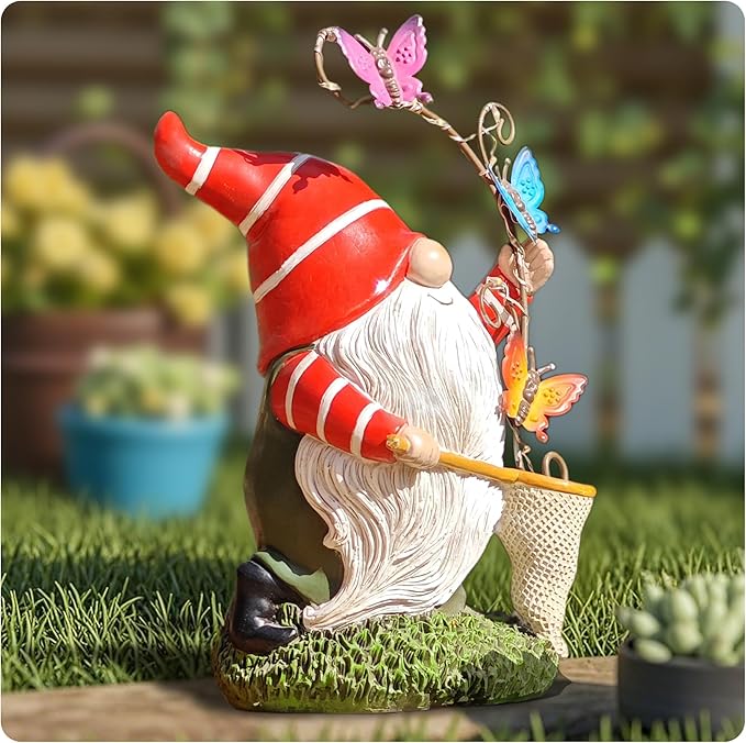 Solar Powered Gnome Garden Statue with Iron Butterflies - LED Lighted Garden Decorations, Resin Gnome with Butterfly Net, Gifts for Women and Men,Outdoor Decor Ornaments for Outside