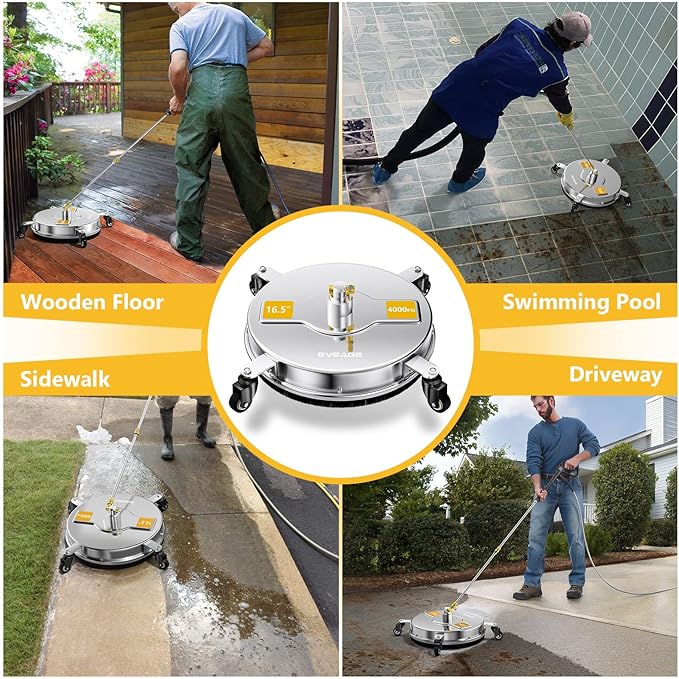 EVEAGE 16.5" Pressure Washer Surface Cleaner, Power Washer Surface Cleaner w/Extension Wand & Replacement Nozzle, 4 Wheels - Powerful Pressure Washer Attachment for Patios,4000PSI