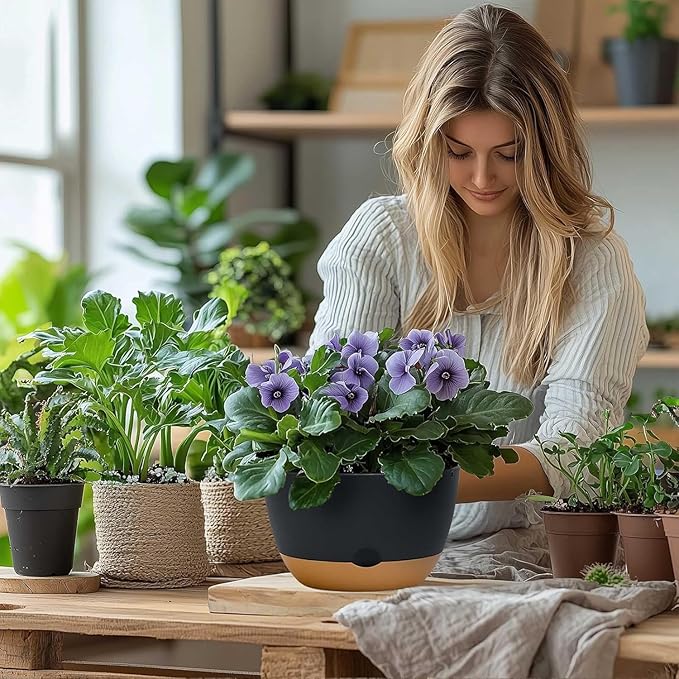 10 Inch Pots for Indoor Plants, Large Self Watering Planters with Drainage and Saucers, Plastic Outdoor Flower Pot, Set of 2, Grey