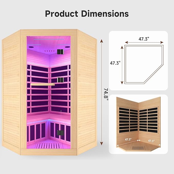 Sauna, Infrared Sauna 2 Person, 2 Person Sauna 9 Heating Plate 2180w Low EMF Room, Dry Sauna for Home, Wooden Sauna with 7-Color Therapeutic Lights and Bluetooth Speakers Room