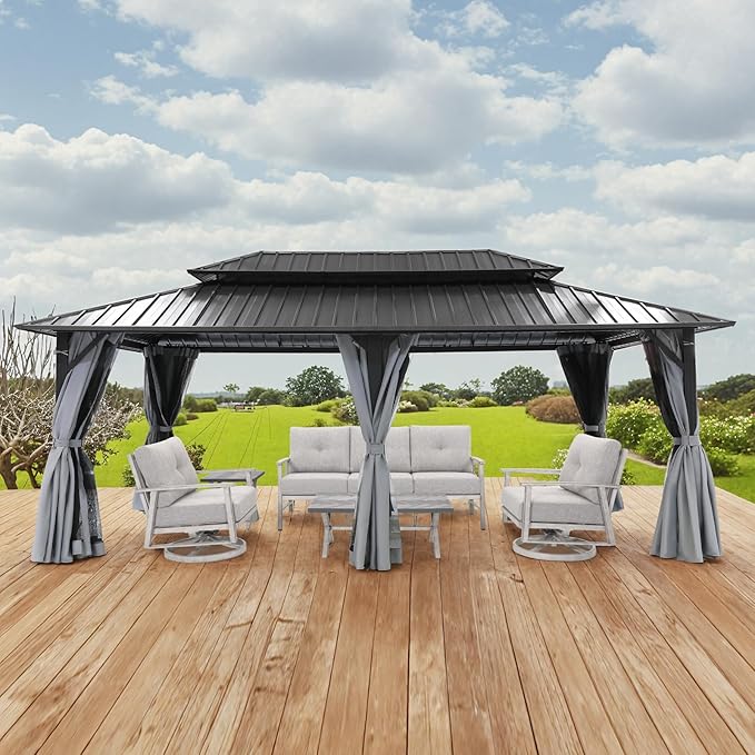 12' x 20' Hardtop Gazebo, Outdoor Patio Gazebo, Aluminum Frame Patio Hardtop Gazebos with Netting and Curtain, Outdoor Patio Pergola with Double Steel Roofs for Deck, Lawn, Parties, Slate Gray