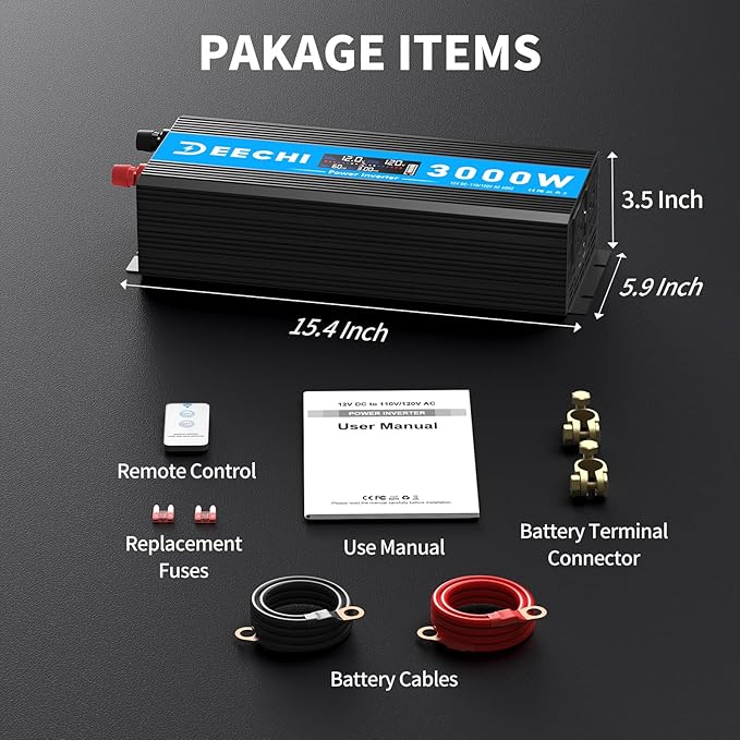 3000 Watt Power Inverter Car/Home 12V DC to 110V/120V AC Converter with 2 AC Outlets, USB & Type-C Port Car Inverter Peak Power 6000W for RV,Truck,Off-Grid Solar System with Remote Controller-Blue