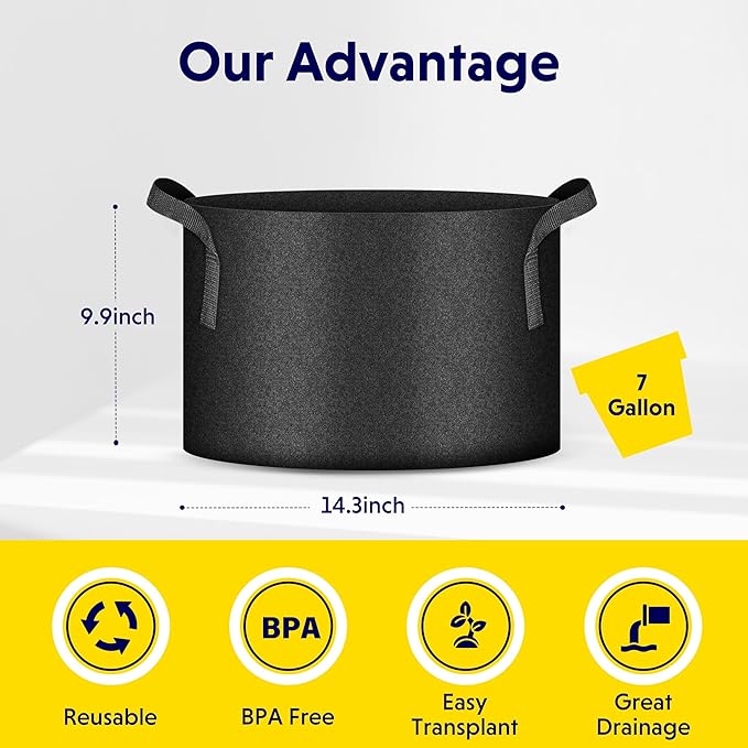 iPower 5 Pack 7 Gallon Plant Grow Bags, Thickened Nonwoven Aeration Fabric Pots Heavy Duty Durable Container, Strap Handles for Garden, Black