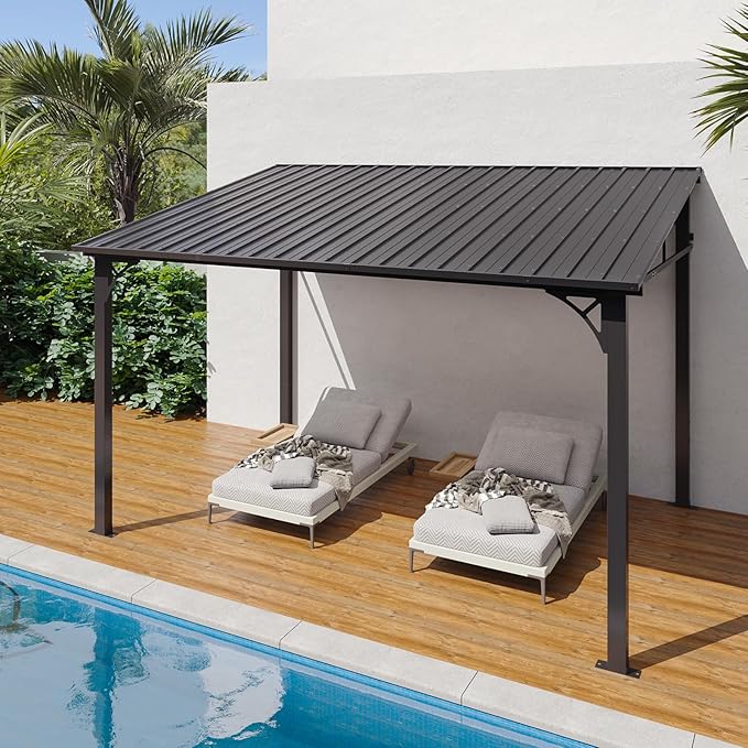 Aoxun 10' x 12' Lean to Gazebo, Hardtop Outdoor Pergola with Sloping Galvanized Steel Roof, Large Wall-Mounted Heavy Duty Awnings for Patio, Backyard, Deck, Porch (Black)