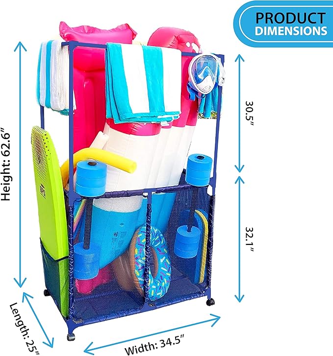 Essentially Yours Pool Equipment Holder with Towel Drying Bars, Mesh Rolling Pool Storage Organizer Bin, Extra Large with Towel Hanger, (34.5" W x 25" L x 62.6" H), Blue Style 418566