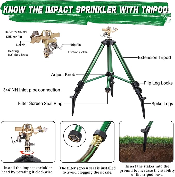 Triumpeek 2 Pack Impact Sprinkler on Tripod Base with Stakes, 360 Degree Large Area Coverage Irrigator with Extension Legs, Adjustable Brass Sprinkler Head Nozzle and 3/4" NH Inlet Hose Connection