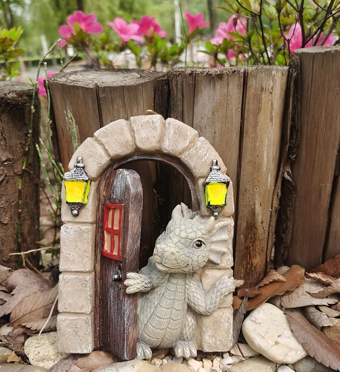 Dragon Garden Ornament Resin Craft Ornament Statue Fairy Door Yard Art Outdoor and Garden Solar Light Luminous Sand Open Door Dragon Wall Statue Outdoors Decor (Open The Door)