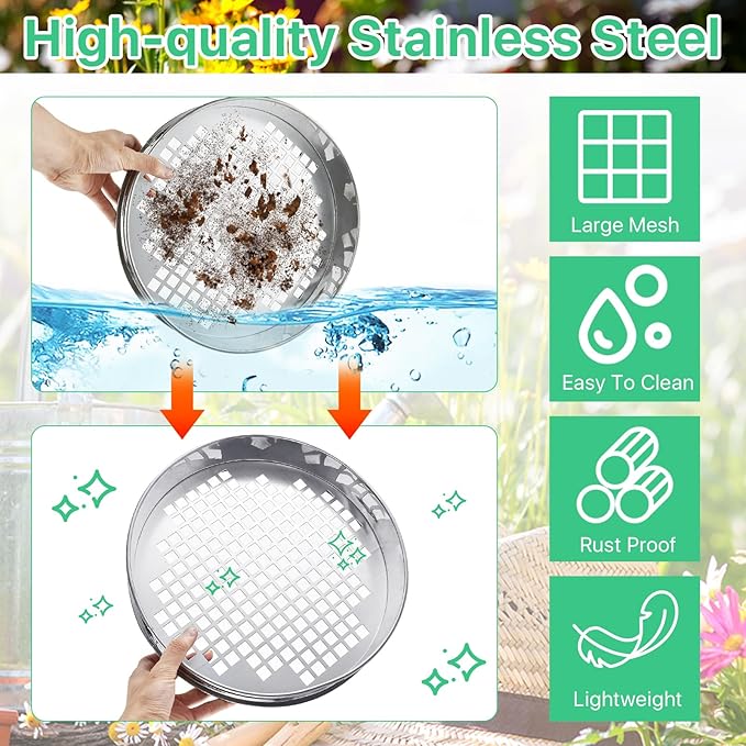 2 Pcs Soil Sifter and Shovel, Stainless Steel Sand Sifter for Gardening, Dirt Sifter Strainer for Sand Rocks Dirt Seed Compost, 11.8 inch