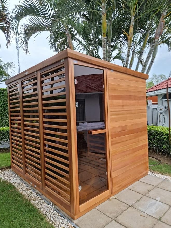 ZONEMEL Customize Outdoor Steam Sauna, Red Cedar,Hemlock, Multiple Sizes & Panel Options, Harvia Electric,Wood Stove, Single Double Bench, Triple Waterproof System, (0-195℉)