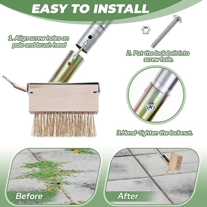 Tandefio Crack Weeder with 2 Weed Brush Heads, Long Manual Crevice Weeding Tool, Manual Weeder Moss Weed Remover Puller Tool Grout Brush with Steel Handle for Deck Paver Patio Walkway Driveway Wall