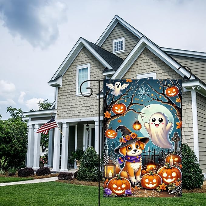Halloween Horror Garden Flag 12x18 Inch Cute Ghost Dog Witch Hat Pumpkin Lantern Flag Spooky Outdoor Yard Decor House Banner Porch Lawn Patio Home Decoration