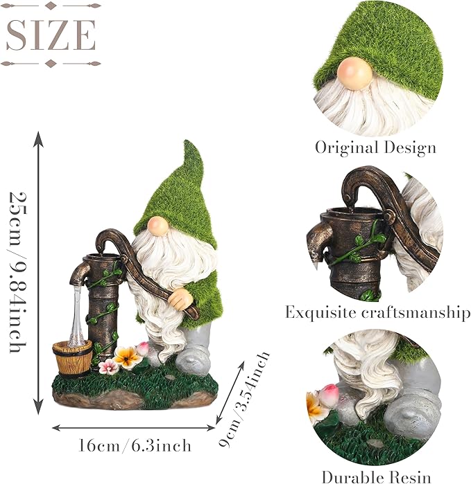 TERESA'S COLLECTIONS Garden Gnomes Decor with Solar Lights, Fathers Gifts, Green Outdoor Resin Decorations for Porch Patio, Gnome Ornaments for Dad and Mom,9"