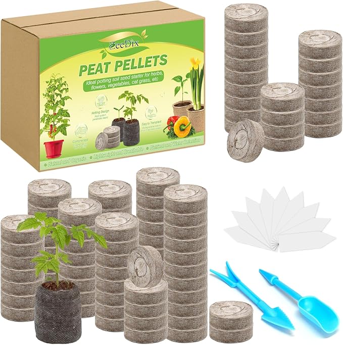 ZeeDix 100 Pcs 30mm Peat Pellets Seed Starter Soil Pods Plugs for Vegetable Seedling, Compressed Peat Nutrient Pods for Planting Easy Transplant with 100 Plant Labels & 2 Garden Tools