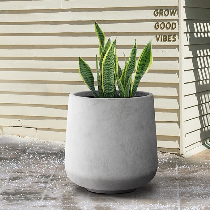 Kante 15.3" Dia Round Concrete Planter, Outdoor Indoor Large Plant Pots Containers with Drainage Hole and Rubber Plug for Home Garden Patio, Natural Concrete