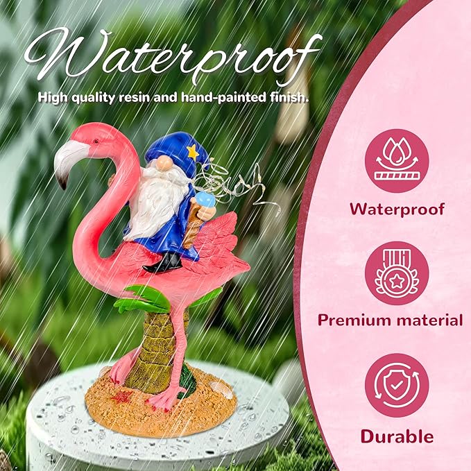 Funny Flamingo Gnome Solar Garden Statue with LED Light - Outdoor Yard Lawn Patio Decor - Great Birthday Housewarming Gift for Women, Mom, Grandma