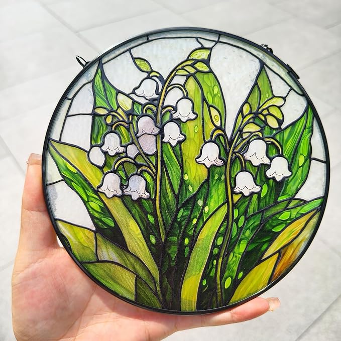 Stained Glass Window Hanging, Lily of The Valley Flower Diamond Glass Panel Suncatcher Green Plant Sun Catchers for Home Garden Balcony Window Decor, Plant Lover Gifts (7.8 Inch)