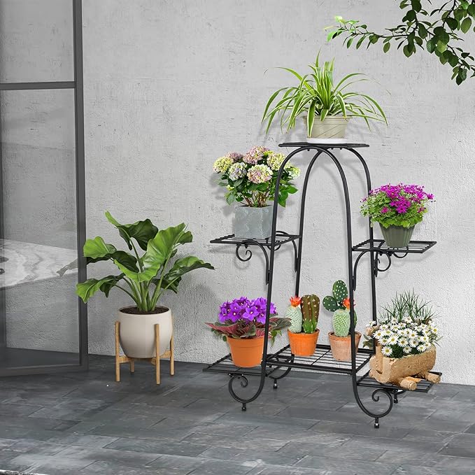 S AFSTAR 6-Tier Metal Plant Stand, Heavy-Duty Plant Display Stand Rack w/ Adjustable Footpads, Slatted Support Panel, Elevated Base, Decorative Flower Potted Holder Rack for Balcony, Living Room, Easy Assembly