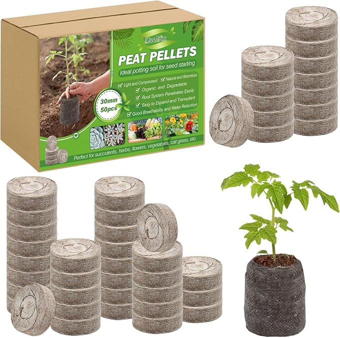 ZeeDix 50Pcs 30mm Peat Pellets for Seedlings, Seed Starter Pods Seed Starting Plugs Soil, Compressed Nutrient Block Potting Soil Discs Pellet for Planting Herbs Flowers Vegetables