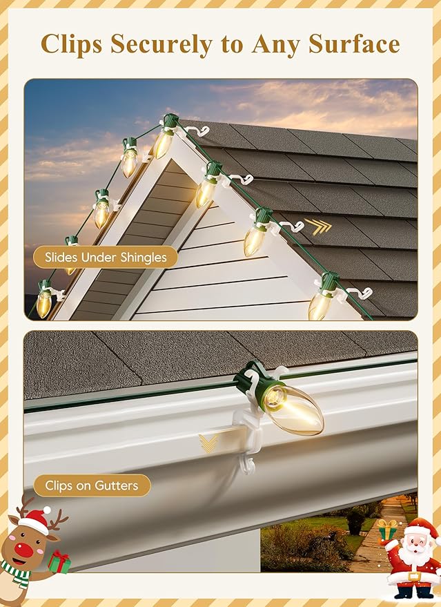 Universal Christmas Lights Shingle Clips, 200 Count All in One Gutter Clips, Shatterproof All Purpose Shingle Clips for C7/E12, C9/E17, Mini String Lights, Rope Lights, Outdoor Christmas Decorations