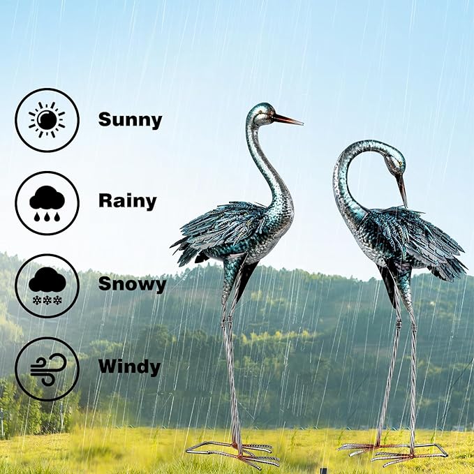 Kircust Garden Crane Statue for Outdoor, Blue Heron Decoy Garden Sculptures and Statues, Metal Bird Yard Art for Lawn Patio Decor, Set of 2