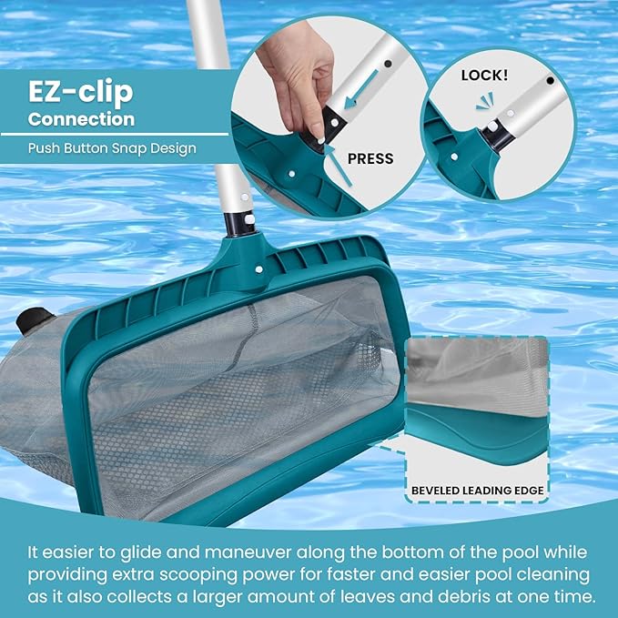 Economy Swimming Pool Cleaning Kit - Fine Mesh Deep Pool Rake & Leaf Skimmer Net, Rotatable Pool Brush Head for Cleaning Above Ground & Inground Pools (No Pole)