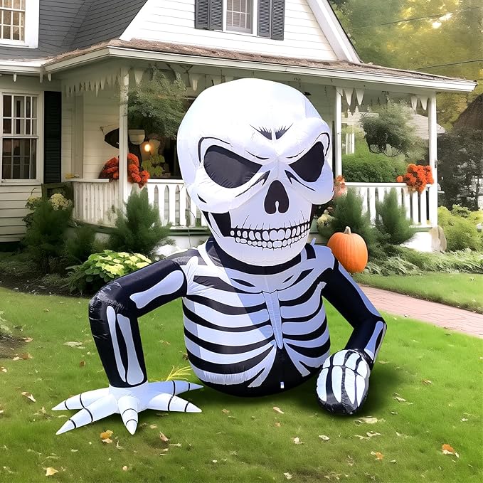 WBHome 6 Ft Halloween Inflatable Half Body Skeleton Skull Decorations, Day of The Dead Blow Up Yard Decor with Built-in LED Light (Plug in) for Lawn Home Dia de Los Muertos Party Indoor Outdoor