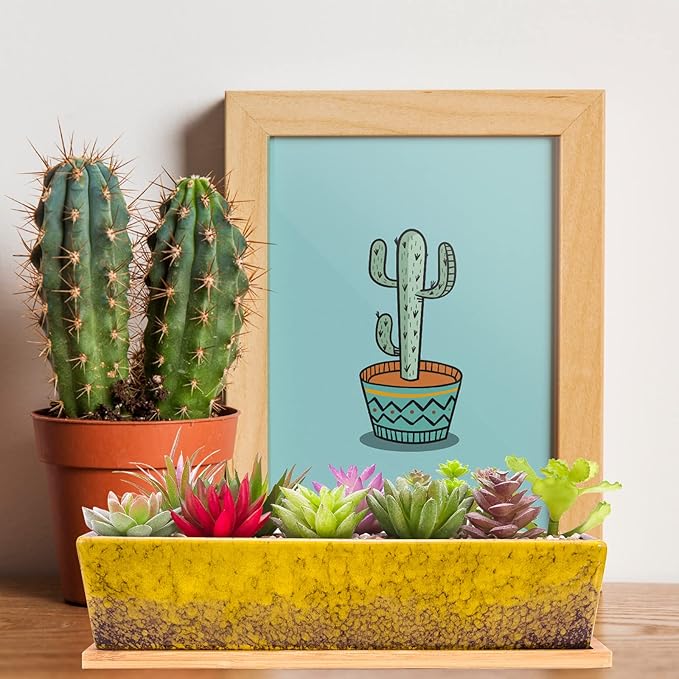 ARTKETTY Succulent Pots - 12.1 Inch Large Succulent Planters Pots with Drainage Tray, Long Rectangle Ceramic Pots for Indoor Cactus/Succulent Plants Shallow Bonsai Window Box for Home Garden Decor