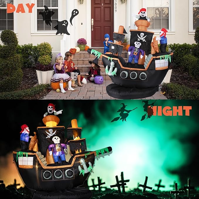 Bdor 7FT Skeletons Ghosts on Pirate Ship Halloween Inflatables Halloween Decorations with Built-in LEDs, Weight Bag, Fan, Stakes Strings, Halloween Decorations Outdoor for Front Yard, Porch, Lawn