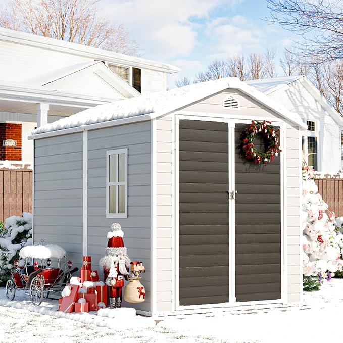 8X6 FT Resin Outdoor Storage Shed with Floor,Water Drainge Roof Plastic Sheds with Windows and Lockable Doors,Thickened Panel All-Weather Resistant Tool Storage Shed for Garden Backyard Patio, Grey