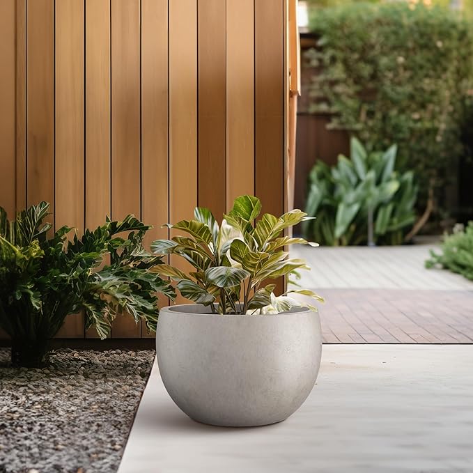 Kante 11.8" Dia Round Concrete Planter, Outdoor/Indoor Large Bowl Plant Pots with Drainage Hole and Rubber Plug for Garden Patio Balcony Home, Weathered Concrete