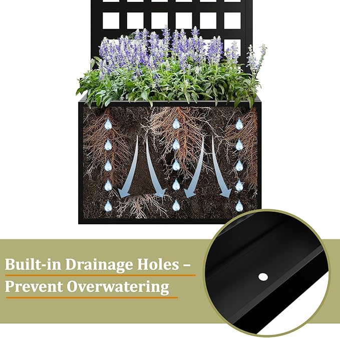 Metal Planter Box with Trellis, Heavy-Duty Raised Garden Bed for Climbing Plants, Drainage Hole, Outdoor Planter Box with Privacy Screen,24''L×12''W×63''H