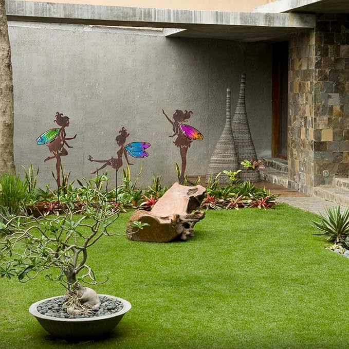 Metal Fairy Garden Stakes Decor,Charming Fairy with Colorful Wing Metal Stakes,Yard Art,Garden Outdoor Lawn Pathway Patio Ornaments,Outdoor Decor,Garden Decor