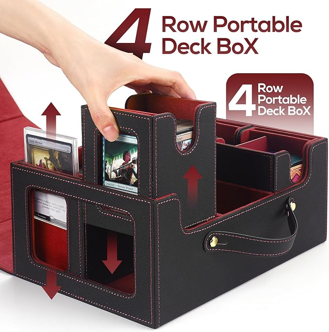 Trading Card Storage Box for MTG, card storage box with Commander Display,Multi-purpose Deck Case for MTG TCG Sports Card, 4 Toploaders, 4 Stoppers, 4 Colorful Dividers (Black & Red)