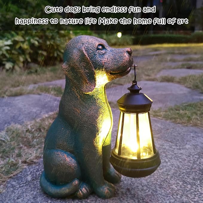 Dog Garden Statue Outdoor Décor with Solar Lights Lantern,Dog Solar Light Figurines Outside Decorations for Yard,Lawn ,Patio, Balcony, Unique Housewarming Gifts