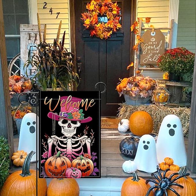 Artofy Welcome Halloween Gothic Skeleton Small Decorative Garden Flag, Pink Scary Skull Jack O Lantern Pumpkin Yard Lawn Outside Decor, Horror Flowers Burlap Outdoor Home Decoration Double Sided 12x18