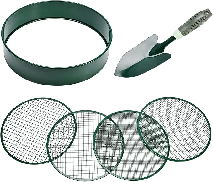Soil Sieve Garden Riddle Sieve 12" Diameter, Fine Mesh Soil Sieve, Potting Sieve with 4 Interchangeable Filter Mesh Sizes 3,6,9,12mm and Shovel