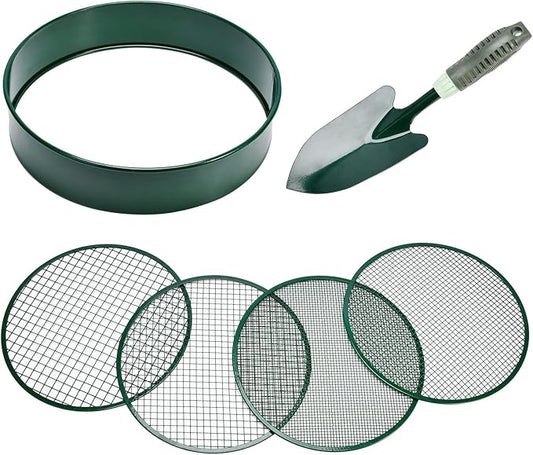 Soil Sieve Garden Riddle Sieve 12" Diameter, Fine Mesh Soil Sieve, Potting Sieve with 4 Interchangeable Filter Mesh Sizes 3,6,9,12mm and Shovel