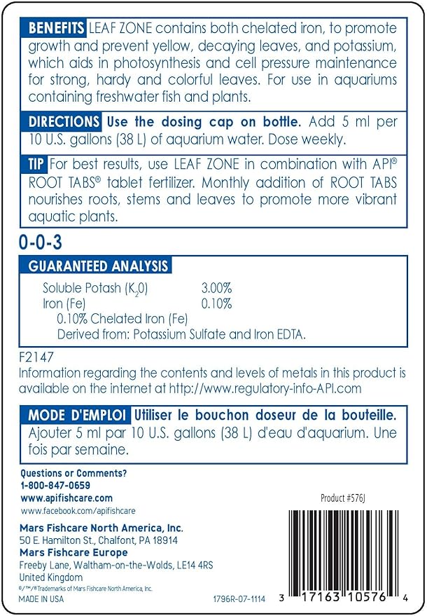 API LEAF ZONE Freshwater Aquarium Plant Fertilizer 18-Ounce Bottle White