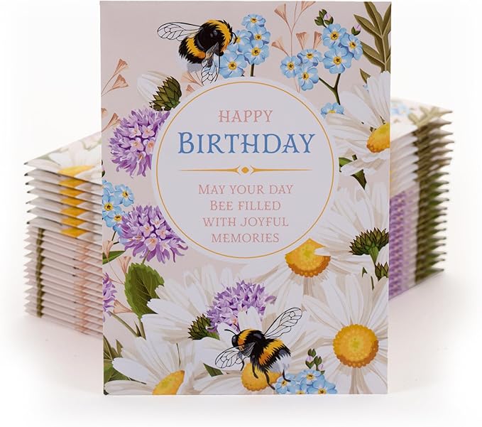 Happy Birthday Bee Forget Me Not Seed Packets - Set of 25 - Thank You Gifts - Wildflower Seeds for Planting - Floral Gifts - Thank You Card - Wild Flowers Bulk