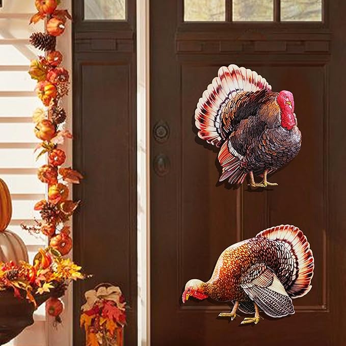 A Set of Metal Turkey Garden Wooden Stakes, 2 Outdoor Thanksgiving Yard Decorations, Colorful Turkey Garden Statues, Waterproof and Stable (Colorful Turkeys)
