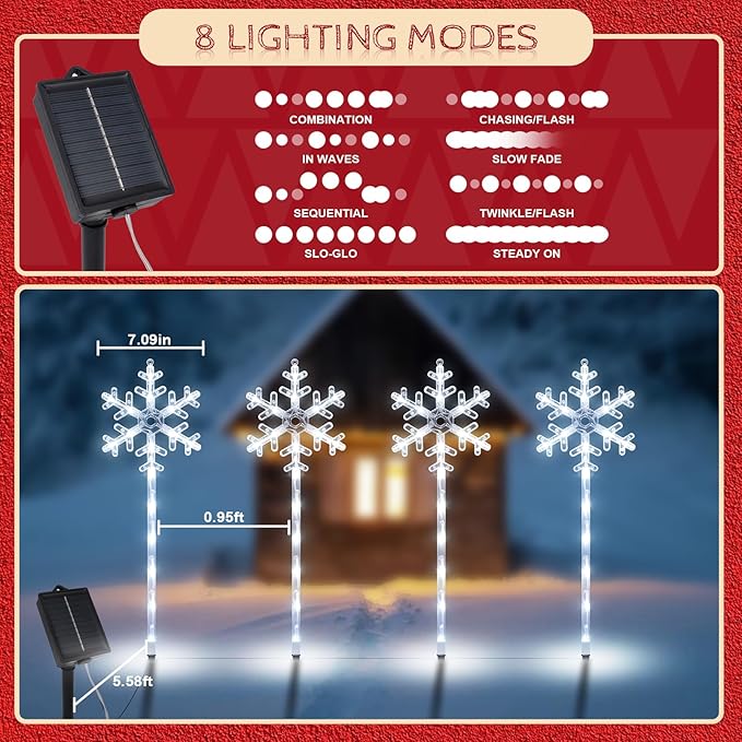 Solar Christmas Pathway Lights Outdoor Decorations, Solar Powered Snowflake Lights, Waterproof Xms Garden Stake Lights Outdoor Christmas Decorations for Patio Yard Porch Lawn, 8 Pack(White)
